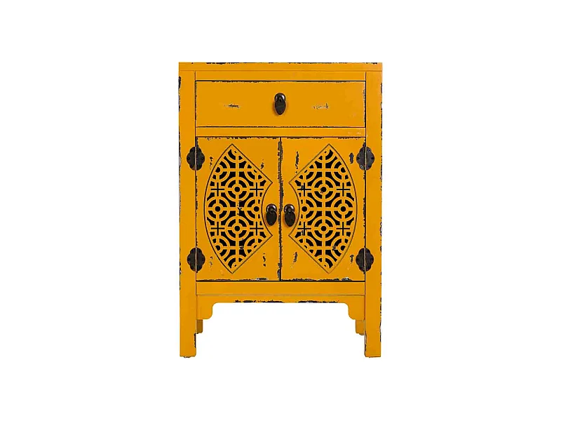 Tavolino in legno laccato giallo con 1 cassetto e 2 porte 48x32x70h cm