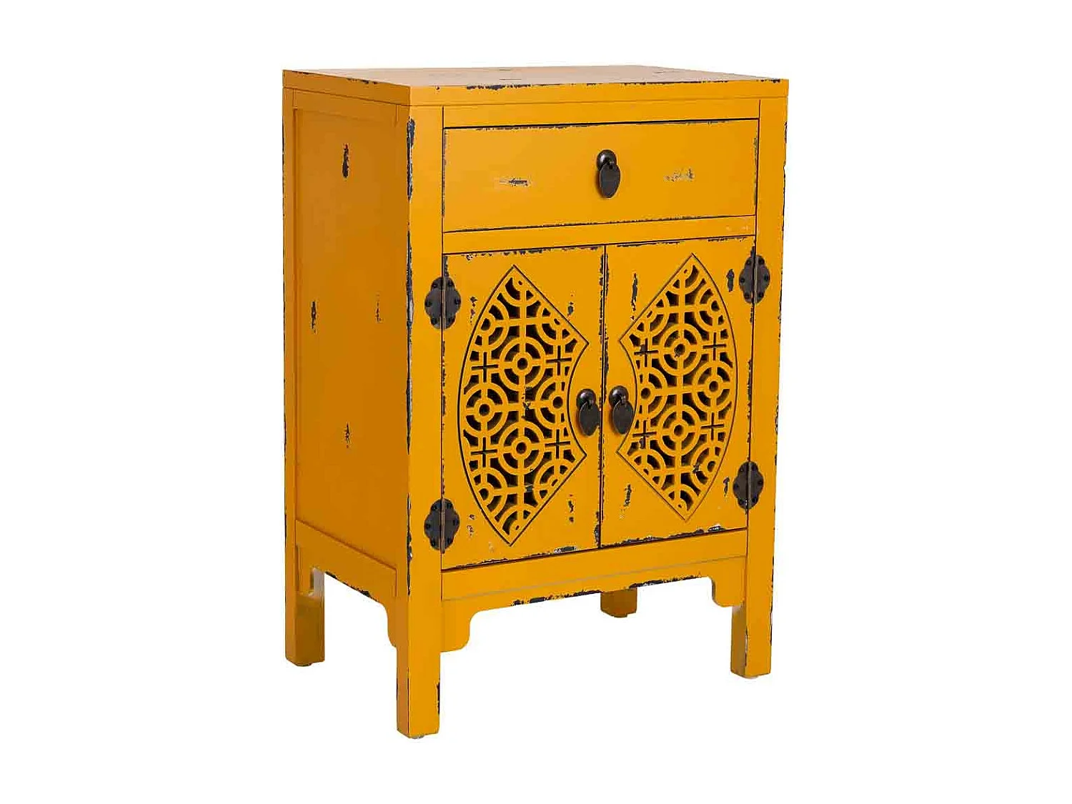Mesita de madera lacada de 1 cajón y 2 puertas 48x32x70h cm - Amarillo