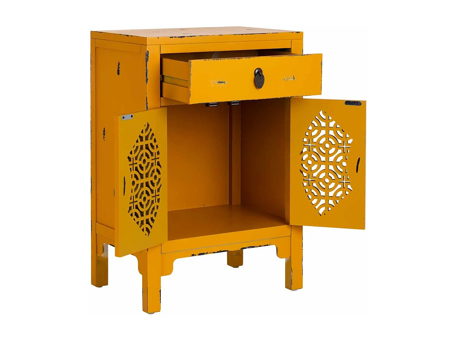 Mesita de madera lacada de 1 cajón y 2 puertas 48x32x70h cm - Amarillo