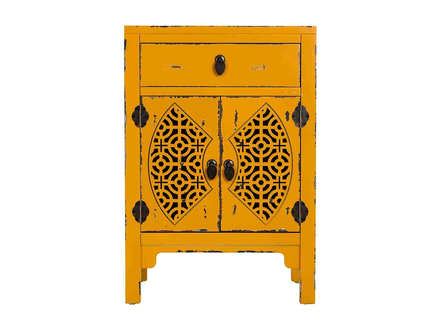 Mesita de madera lacada de 1 cajón y 2 puertas 48x32x70h cm - Amarillo