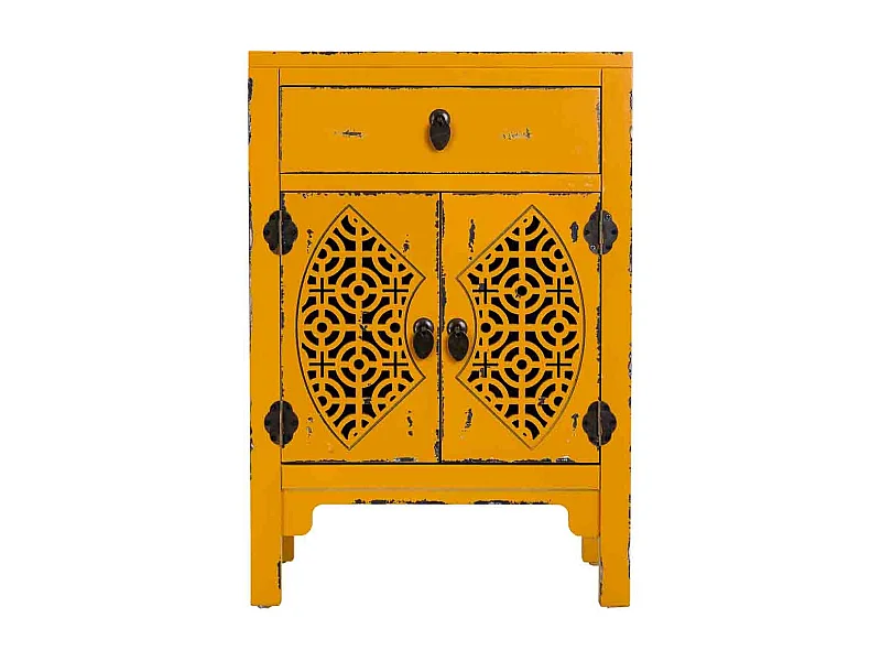 Mesinha de madeira lacada amarela com 1 gaveta e 2 portas 48x32x70h cm