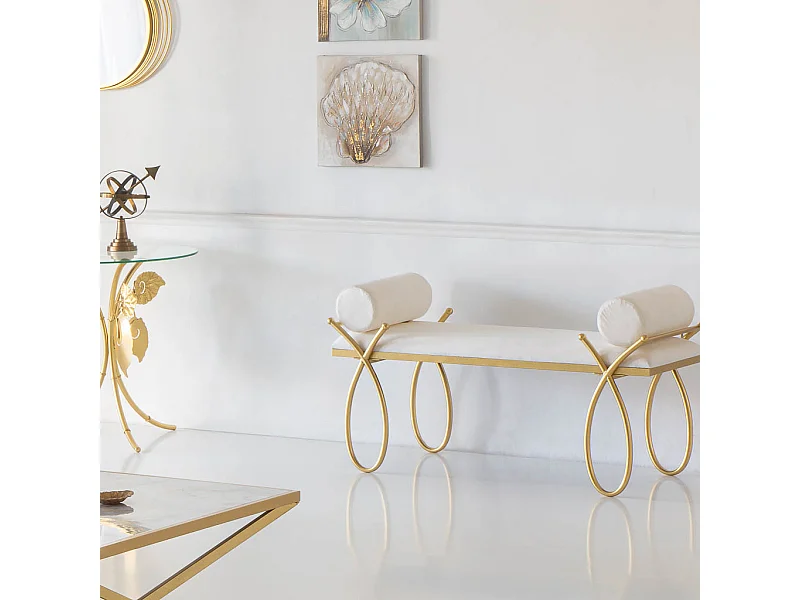Banqueta de metal dorado y tapizado blanco 112,5x49x53h cm