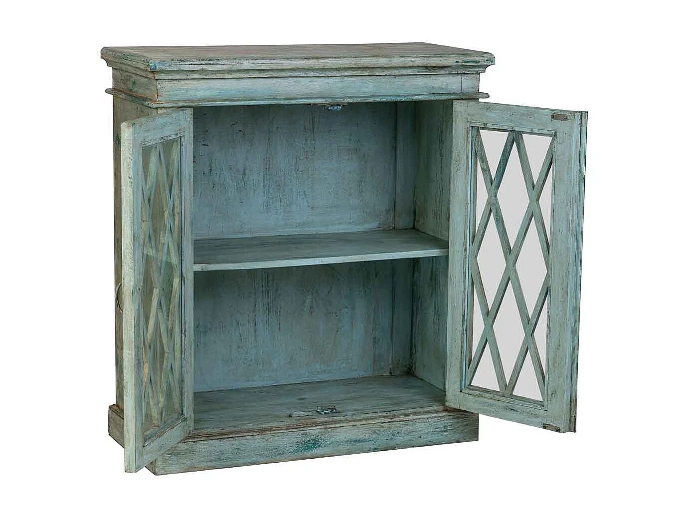 Aparador em madeira e vidro com 2 portas, azul 90x40x100h cm