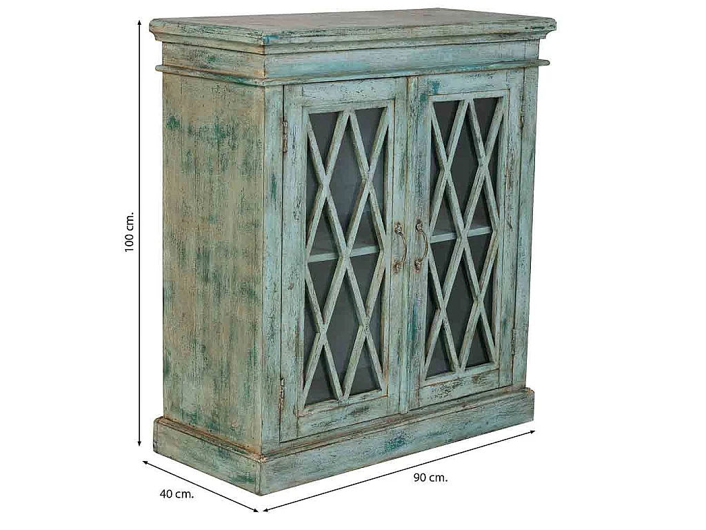 Credenza in legno e vetro con 2 ante, blu 90x40x100h cm