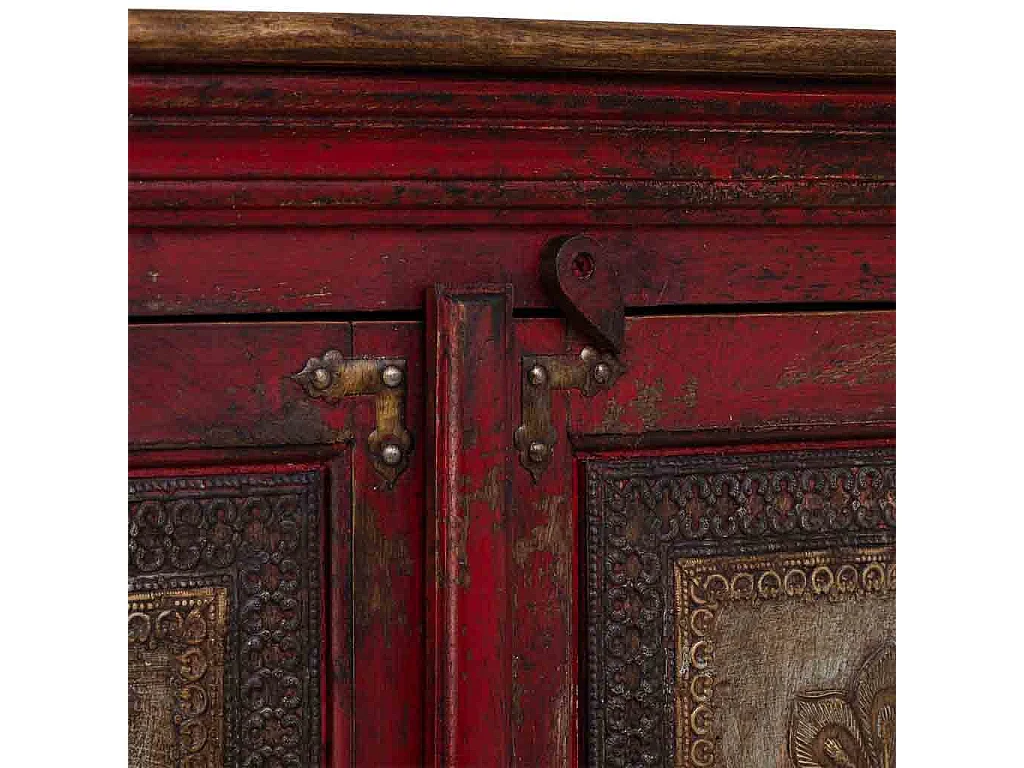 Credenza in legno intagliato artigianalmente finitura rossa 90x40x90h