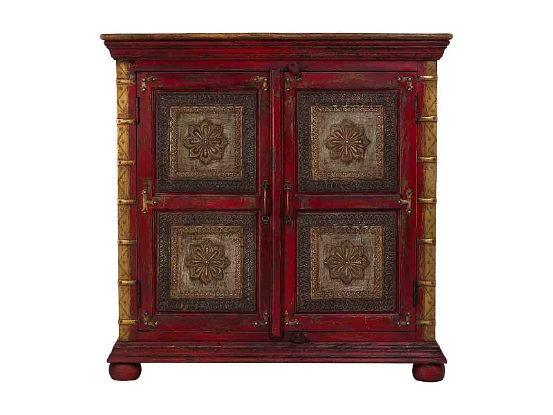 Credenza in legno intagliato artigianalmente finitura rossa 90x40x90h
