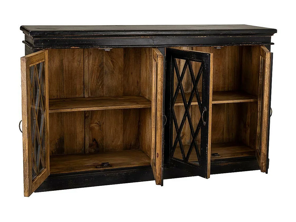 Credenza in legno e vetro artigianale nero 170x40x100