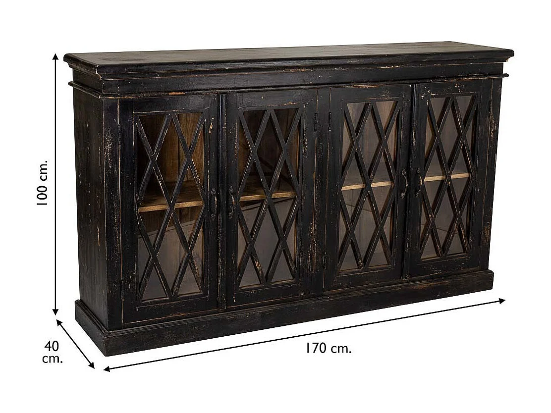 Credenza in legno e vetro artigianale nero 170x40x100