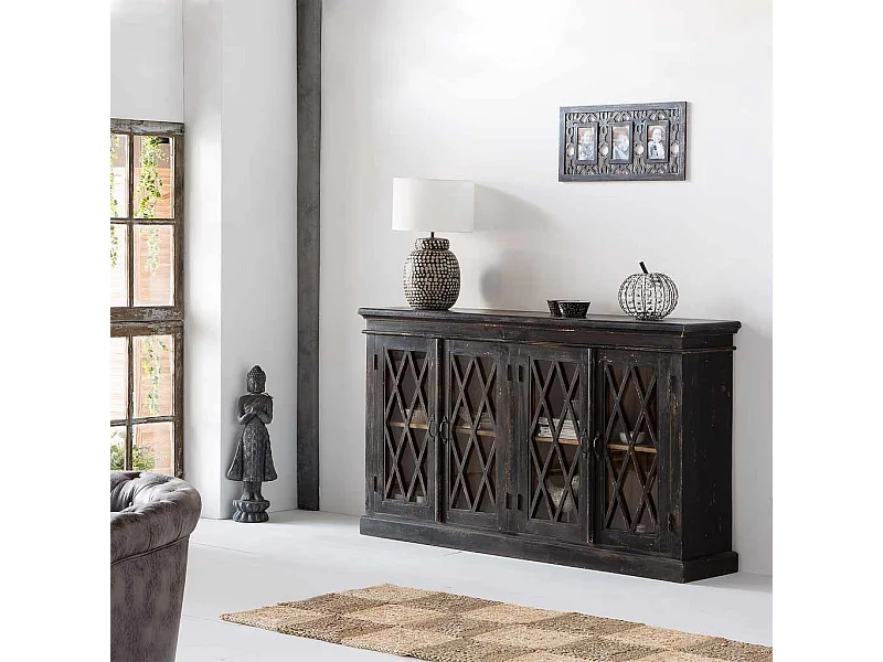Credenza in legno e vetro artigianale nero 170x40x100