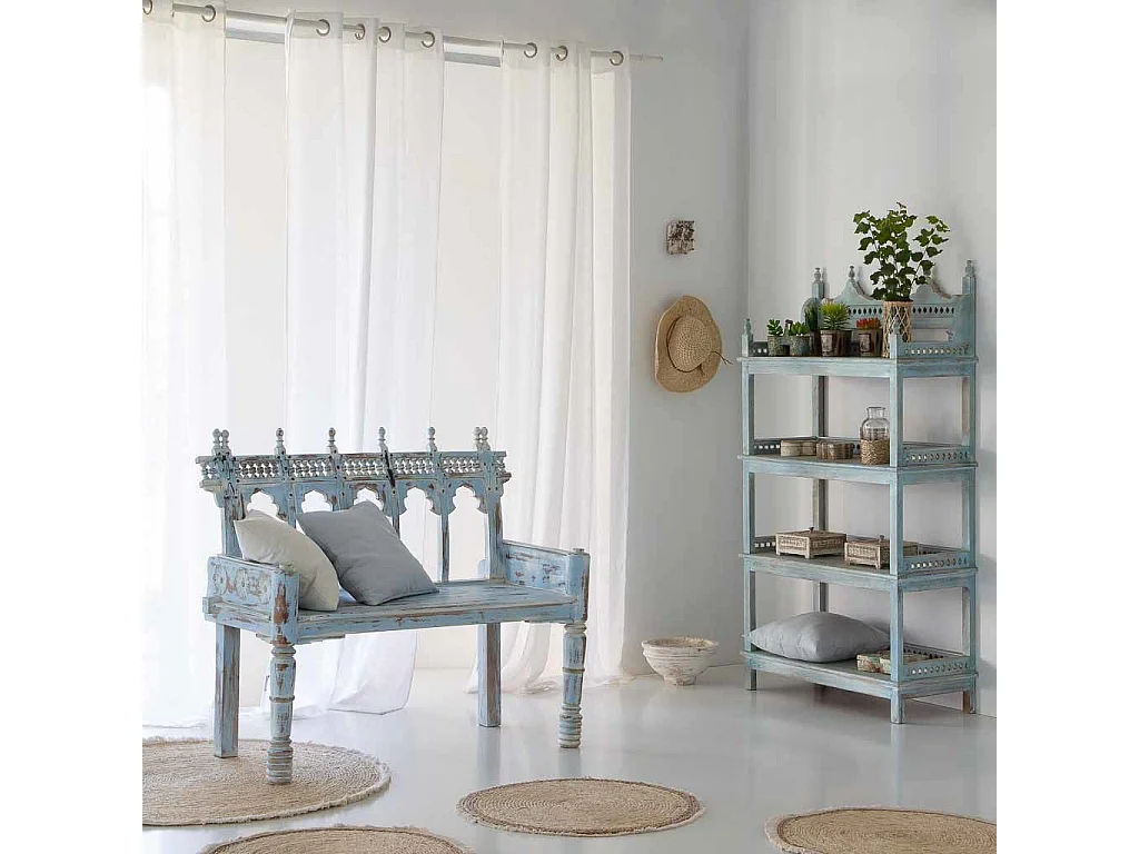 Estante de madeira esculpida azul 90x40x166