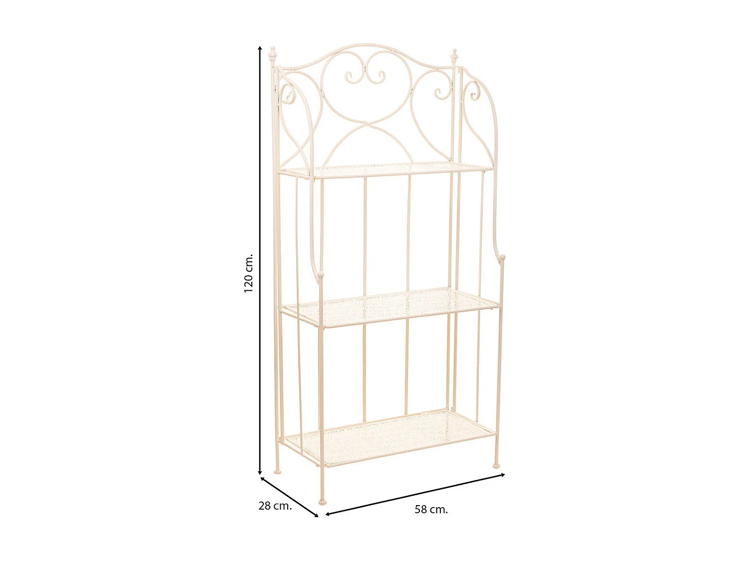 Weißes Schmiedeeisenregal mit 3 Böden, 58 x 28 x 120 cm