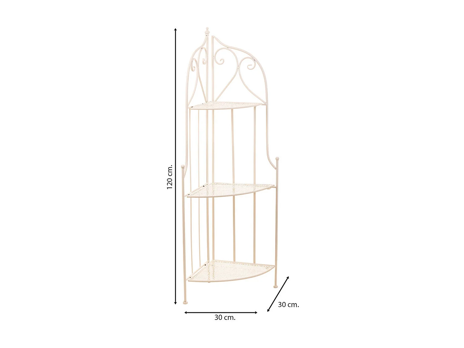 Móvel de canto com 3 prateleiras em ferro forjado branco, 30x30x120h