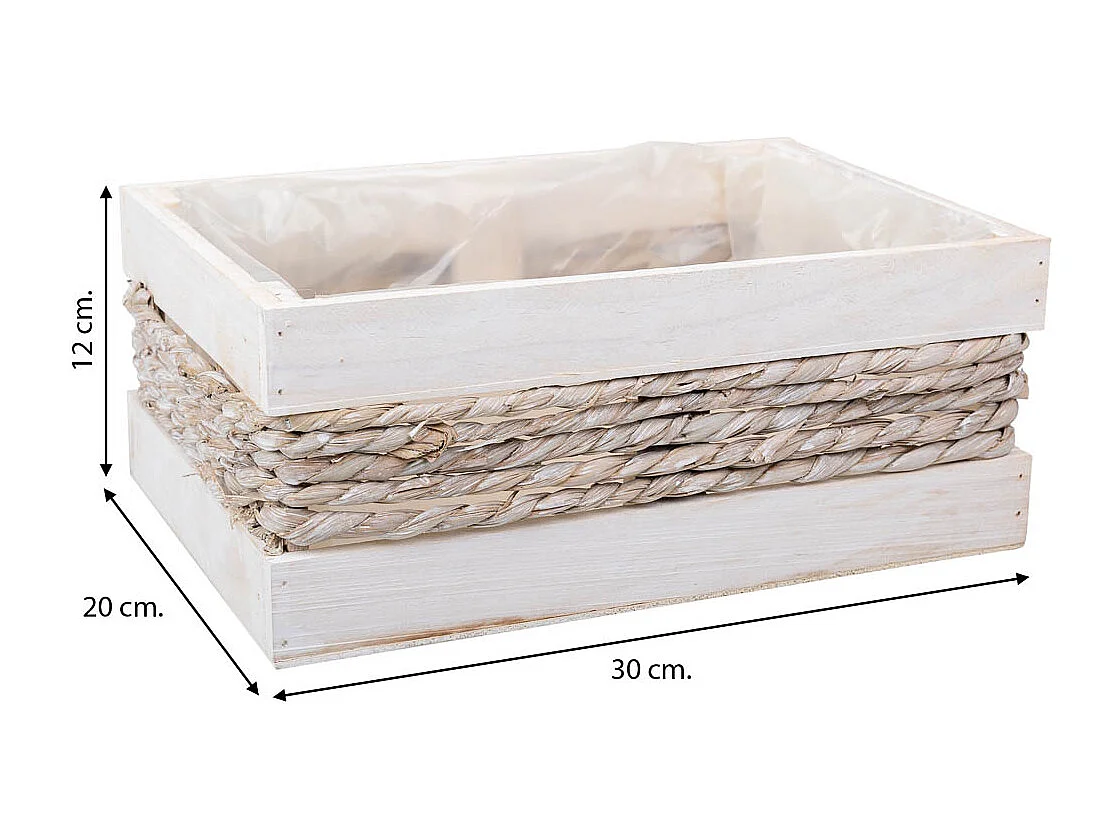 Cesto de madera y cuerda blanco 30x20x12/27