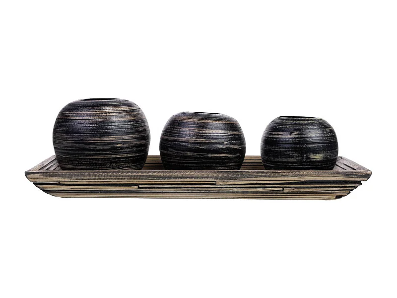 Juego bandeja y 3 portavelas de madera de bambú negro  33x13x3h cm