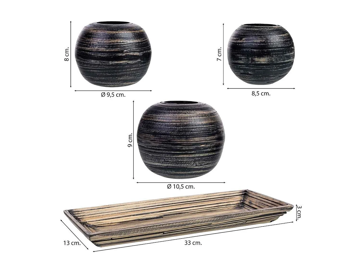 Conjunto de tabuleiro e 3 porta-velas em madeira de bambu preto 33x13x3h cm