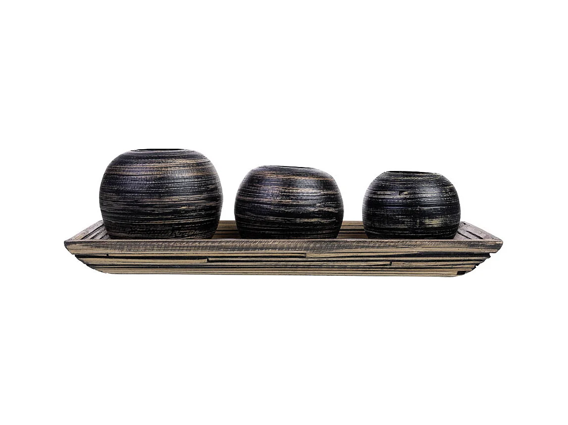 Ensemble plateau et 3 bougeoirs en bois de bambou noir 33x13x3h cm