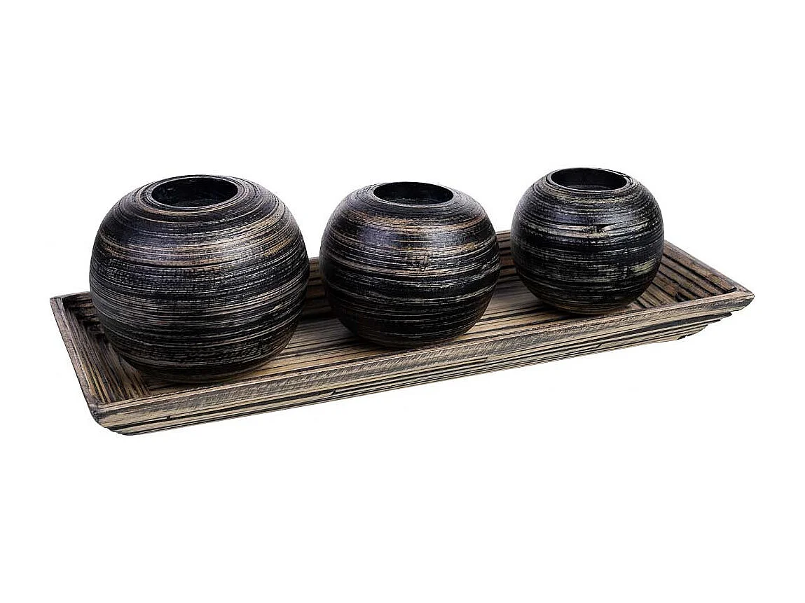 Conjunto de tabuleiro e 3 porta-velas em madeira de bambu preto 33x13x3h cm