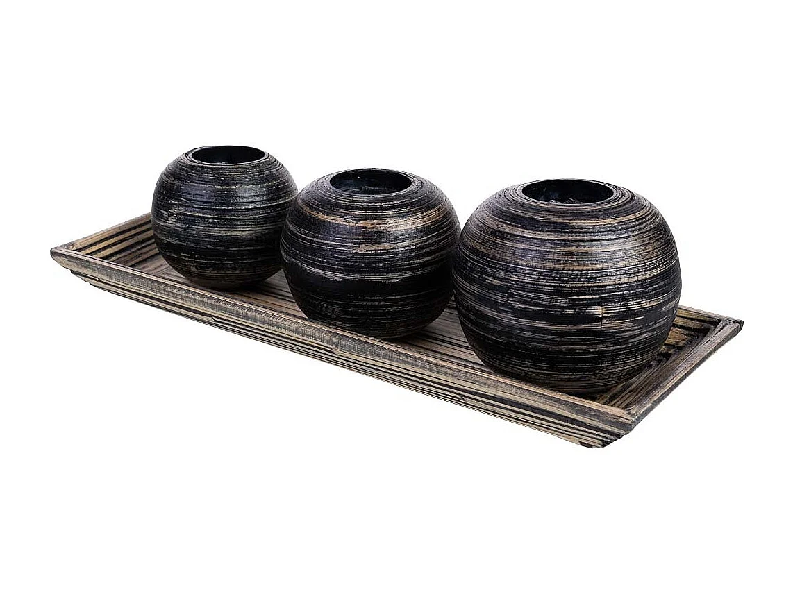 Tablettset und 3 schwarze Kerzenhalter aus Bambusholz 33x13x3h cm