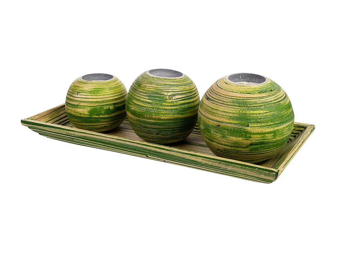 Conjunto de tabuleiro e 3 porta-velas em madeira de bambu verde 33x13x3h cm