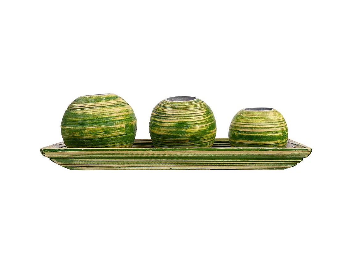 Juego bandeja y 3 portavelas de madera de bambú verde 33x13x3h cm