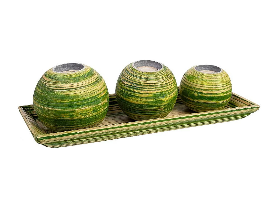 Tablettset und 3 grüne Kerzenhalter aus Bambusholz 33x13x3h cm
