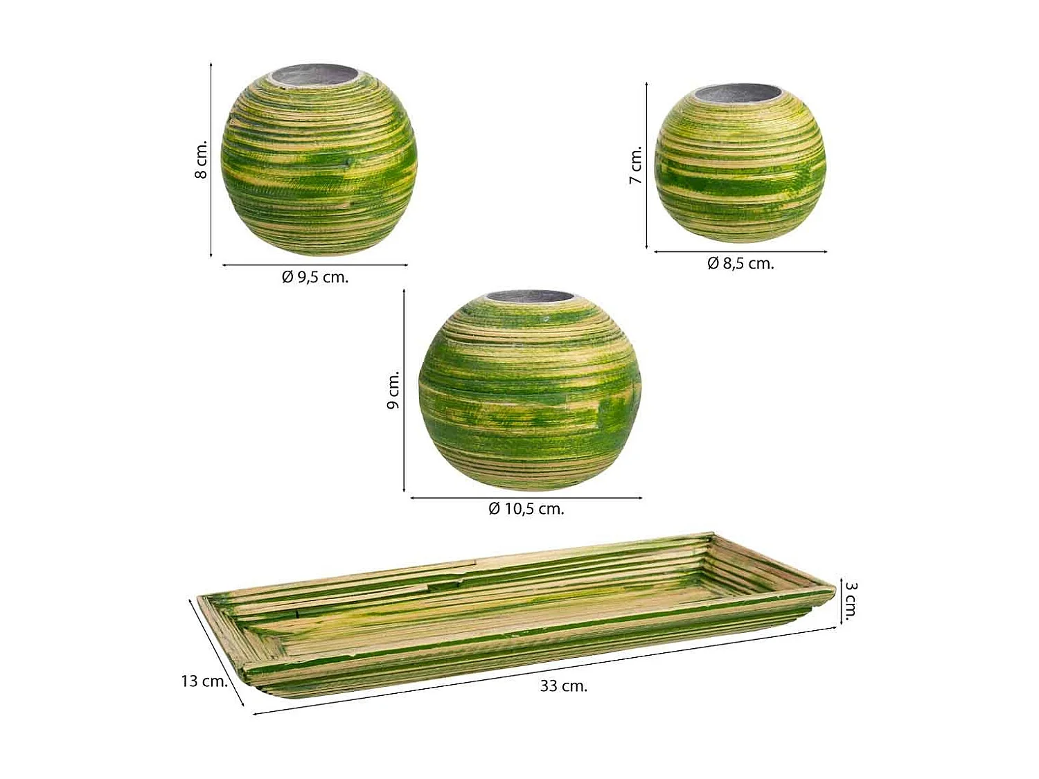 Tablettset und 3 grüne Kerzenhalter aus Bambusholz 33x13x3h cm