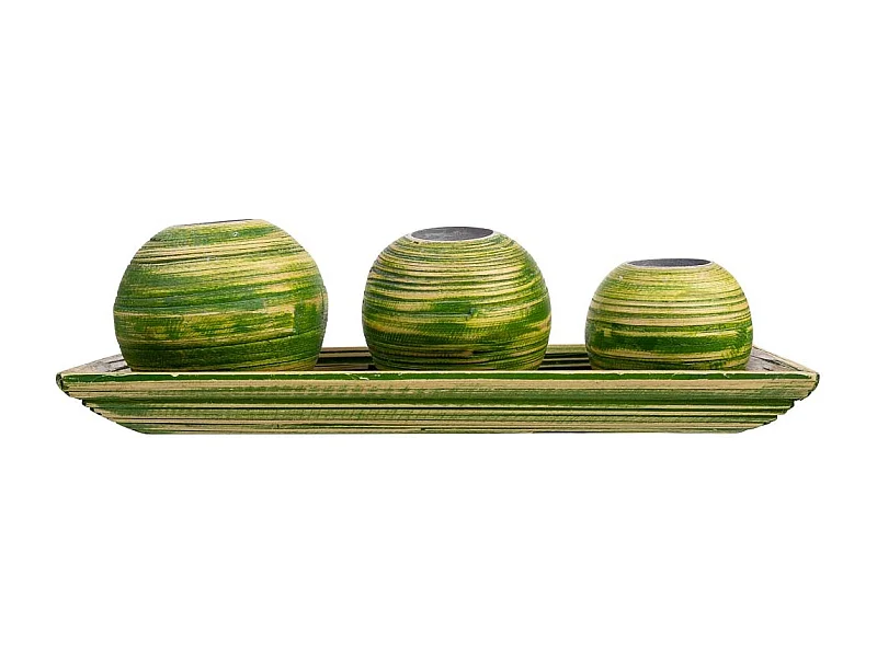 Conjunto de tabuleiro e 3 porta-velas em madeira de bambu verde 33x13x3h cm