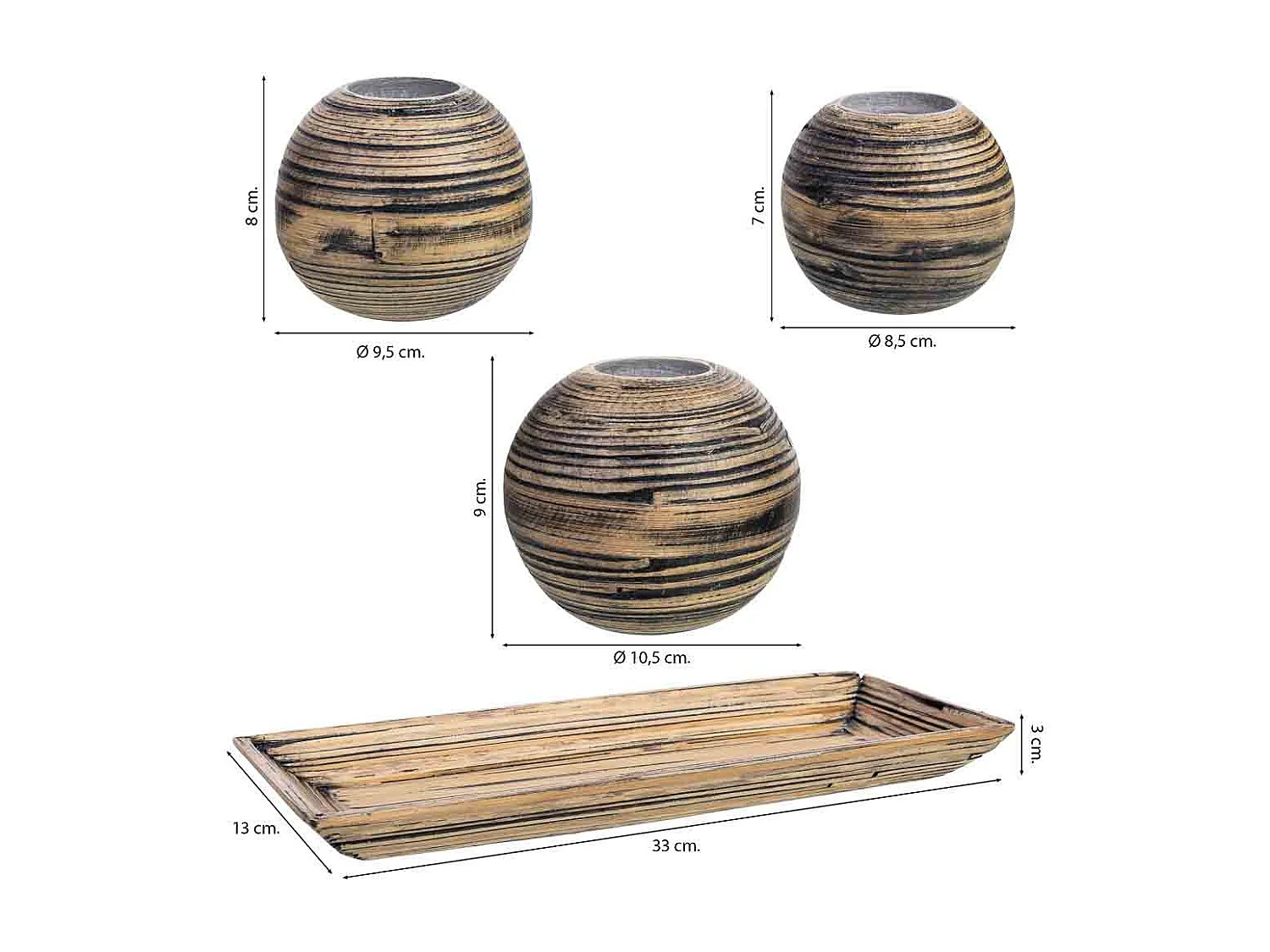 Conjunto de tabuleiro e 3 porta-velas em madeira de bambu castanho 33x13x3h cm