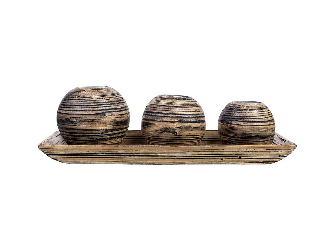 Juego bandeja y 3 portavelas de madera de bambú marrón 33x13x3h cm