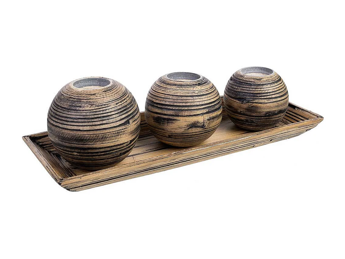 Conjunto de tabuleiro e 3 porta-velas em madeira de bambu castanho 33x13x3h cm