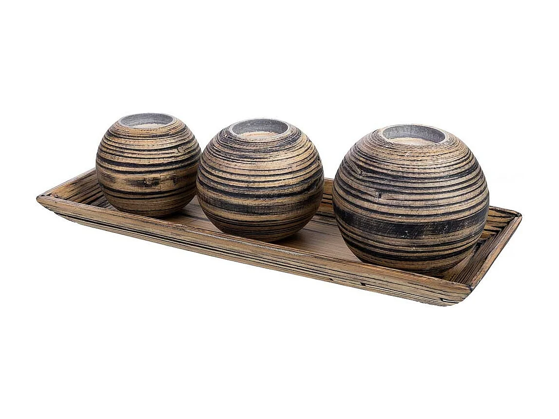Tablettset und 3 Kerzenhalter aus braunem Bambusholz 33x13x3h cm