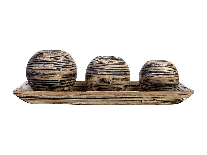 Juego bandeja y 3 portavelas de madera de bambú marrón 33x13x3h cm