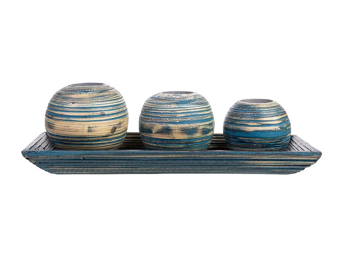 Conjunto de bandeja e 3 porta-velas em madeira de bambu azul 33x13x3h cm