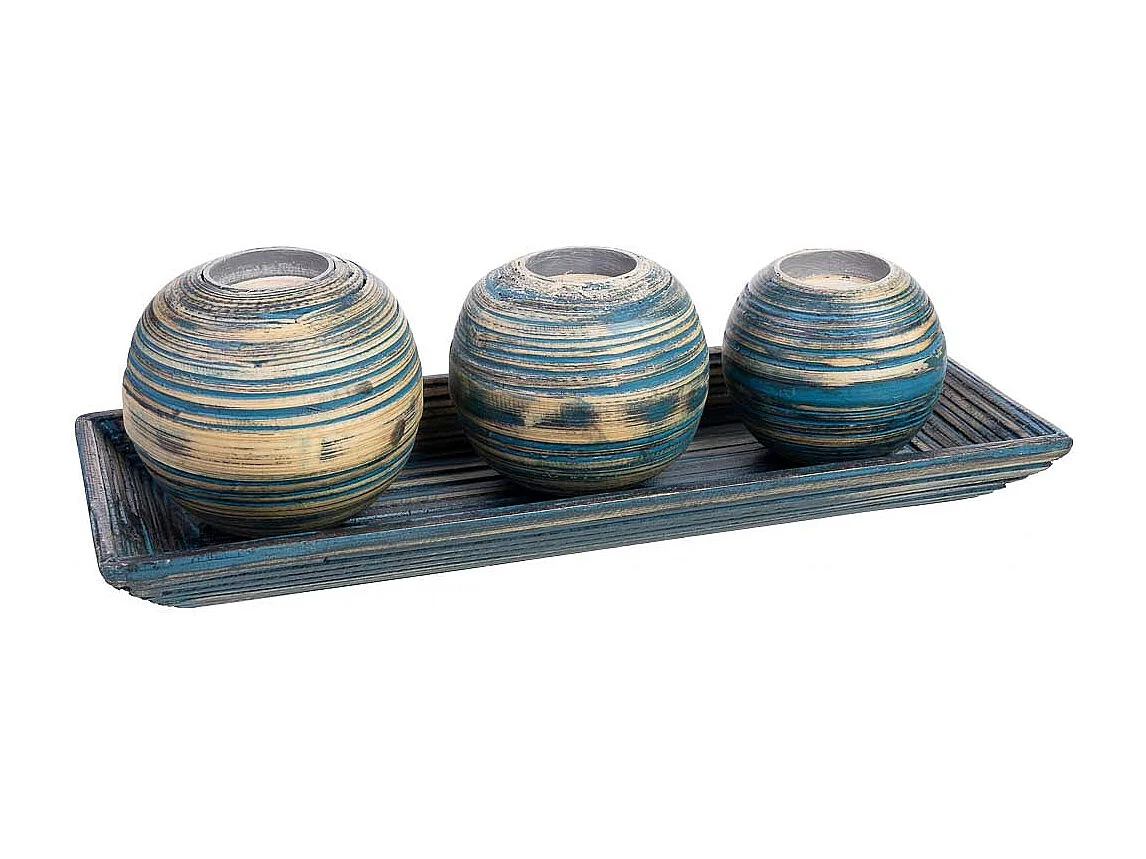 Conjunto de bandeja e 3 porta-velas em madeira de bambu azul 33x13x3h cm