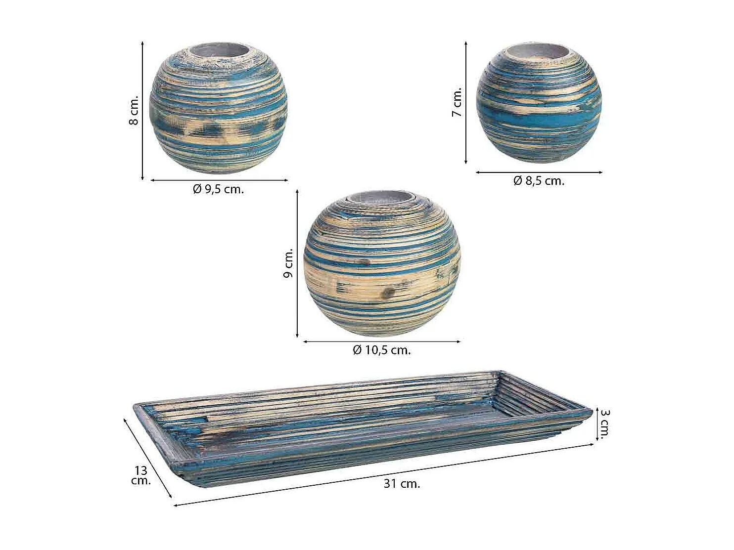 Conjunto de bandeja e 3 porta-velas em madeira de bambu azul 33x13x3h cm