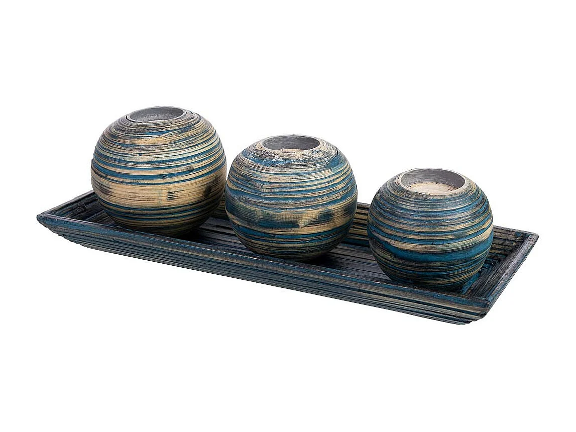 Conjunto de bandeja e 3 porta-velas em madeira de bambu azul 33x13x3h cm