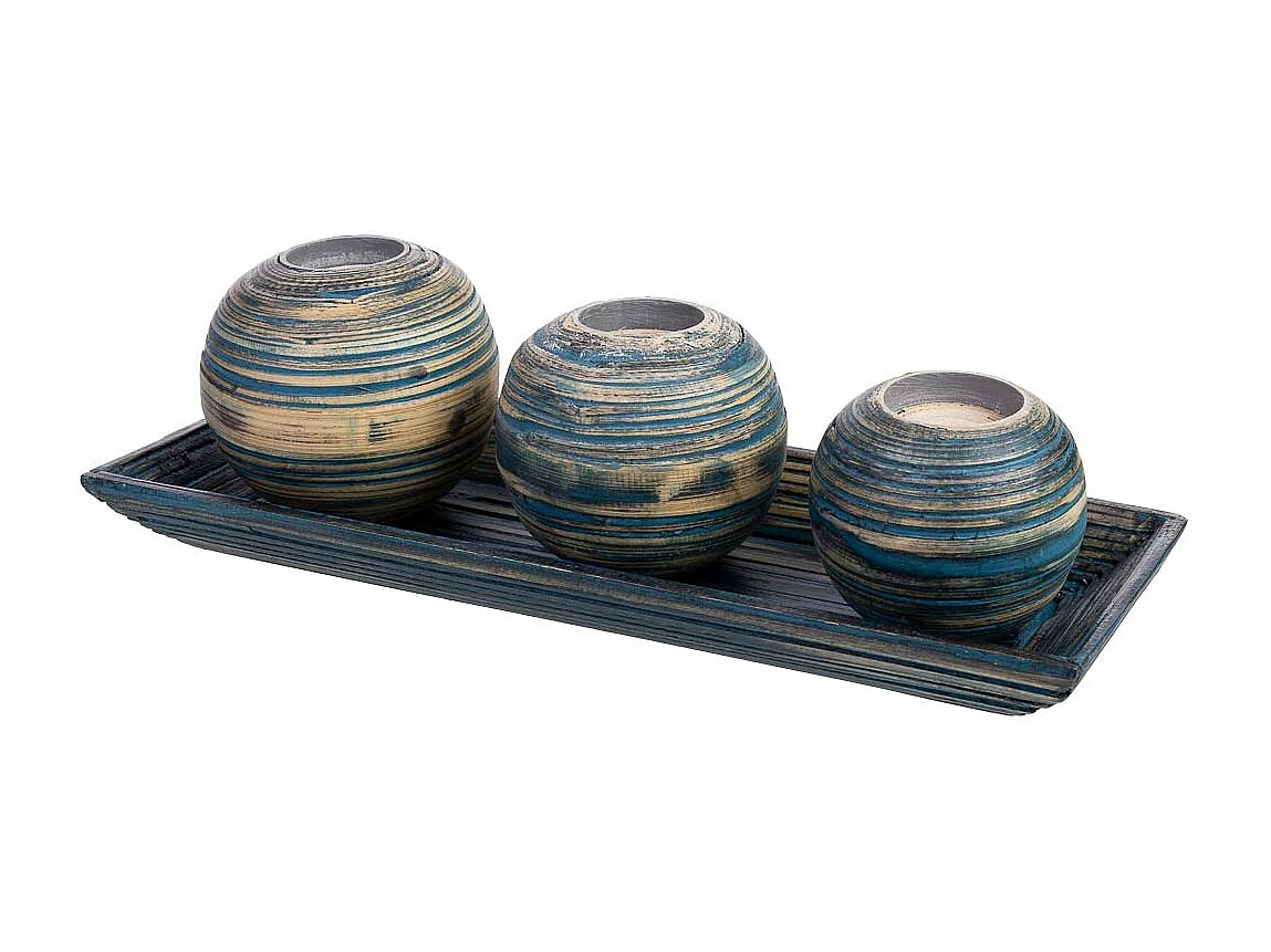 Tablettset und 3 blaue Kerzenhalter aus Bambusholz 33x13x3h cm