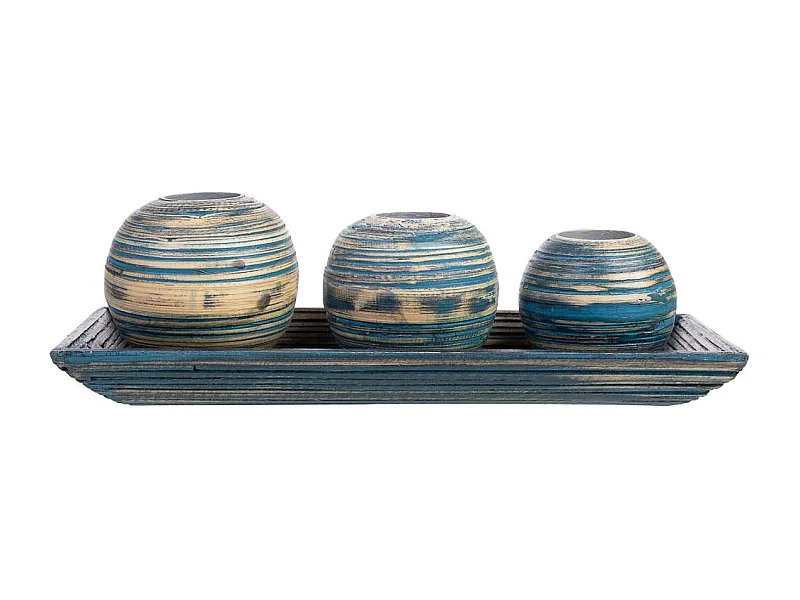 Juego bandeja y 3 portavelas de madera de bambú azul 33x13x3h cm