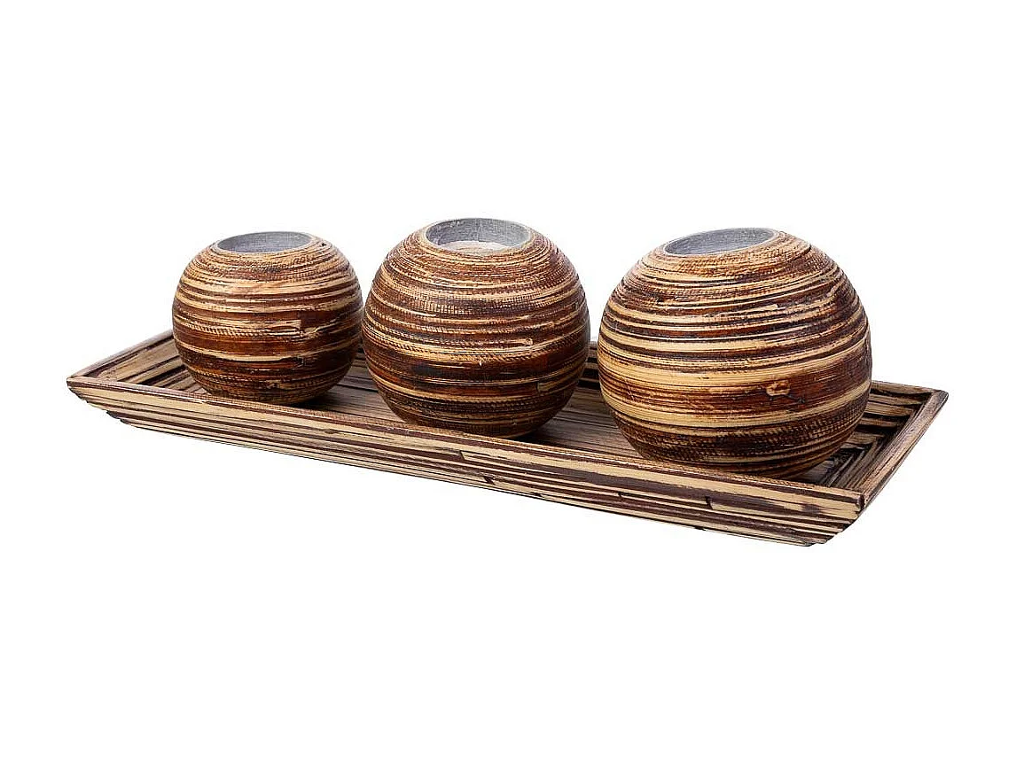 Ensemble plateau et 3 bougeoirs en bois de bambou marron 33x13x3h cm