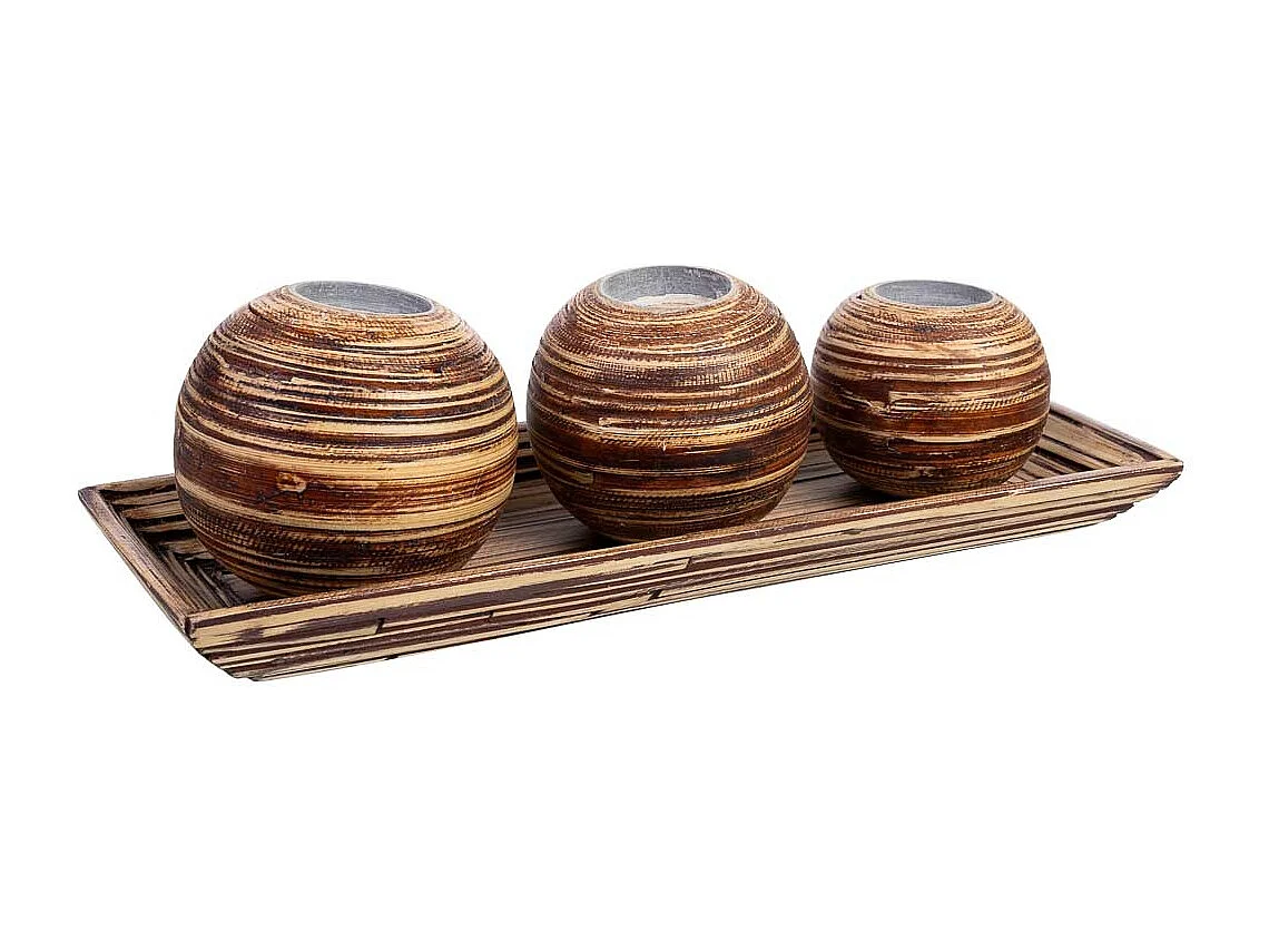 Tablettset und 3 Kerzenhalter aus braunem Bambusholz 33x13x3h cm