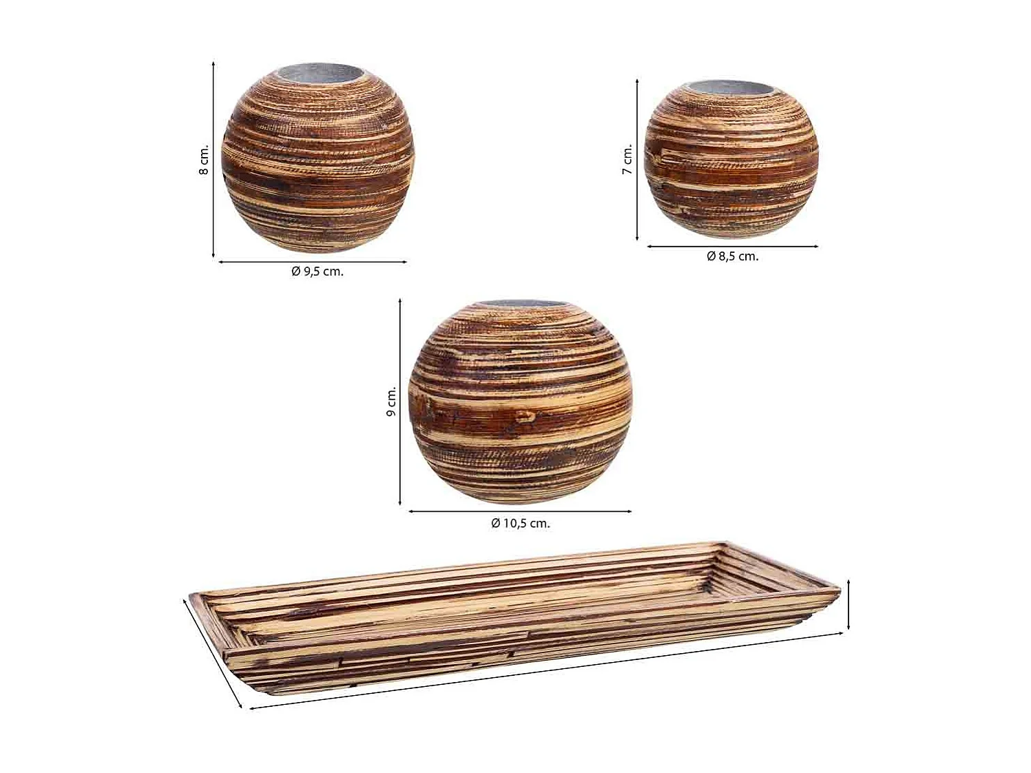 Tablettset und 3 Kerzenhalter aus braunem Bambusholz 33x13x3h cm