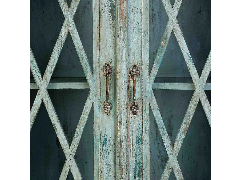 Vitrine aus Holz und Glas mit 2 Türen, blau 90x40x183h cm