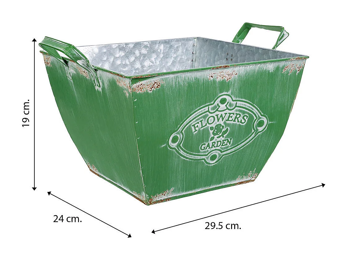Fioriera in metallo verde 29,5/24x24x16,5/19h b:15,5x15,5