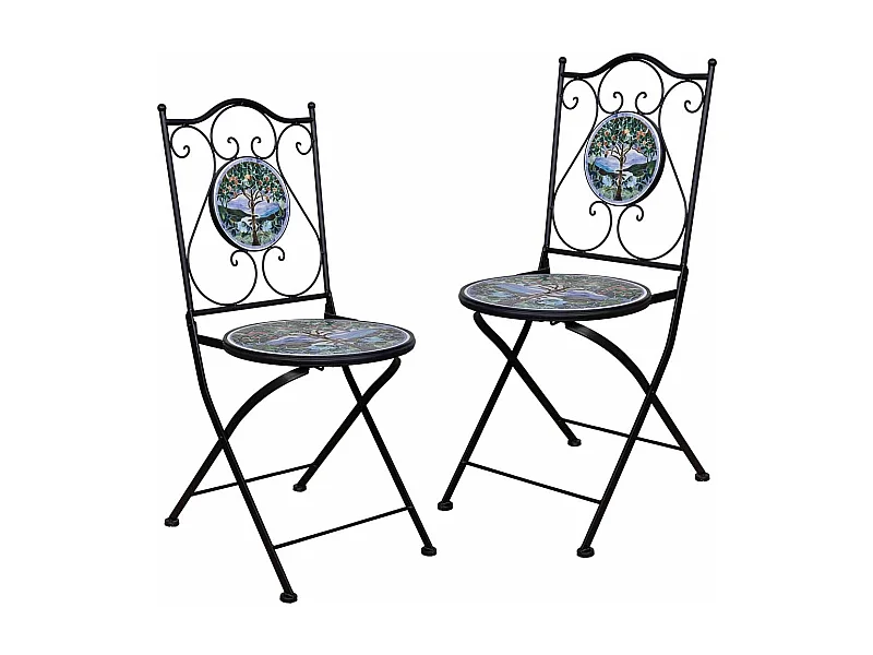 Zwei Schmiedeeisenstühle mit Mosaik, schwarz 38x38x90