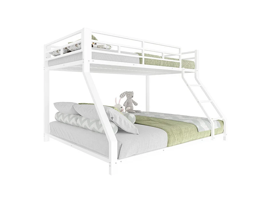 Lit superposé 90x200 + 140x200 cm - avec barrières - avec échelle de sécurité - métal - blanc (sans matelas)