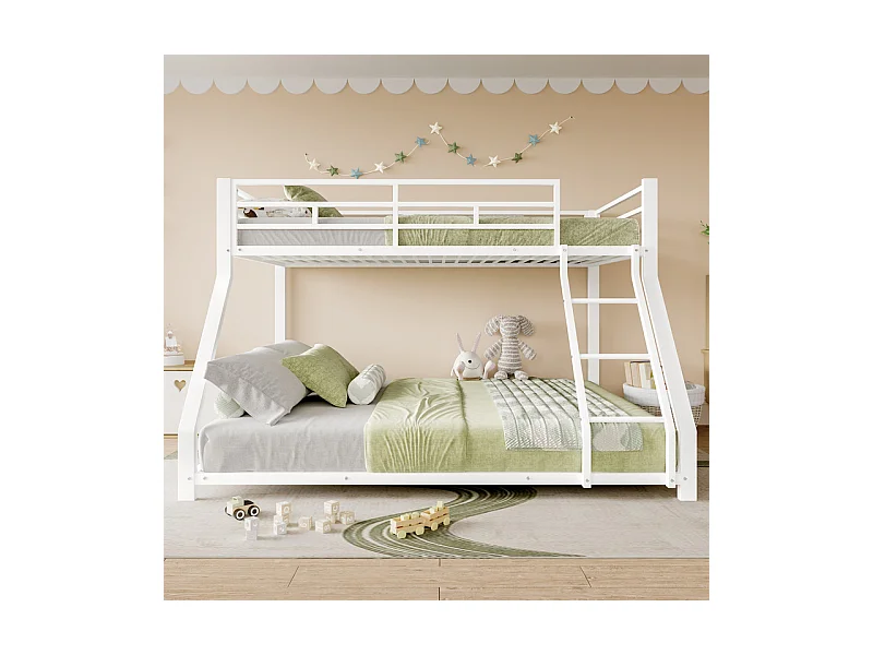 Lit superposé 90x200 + 140x200 cm - avec barrières - avec échelle de sécurité - métal - blanc (sans matelas)