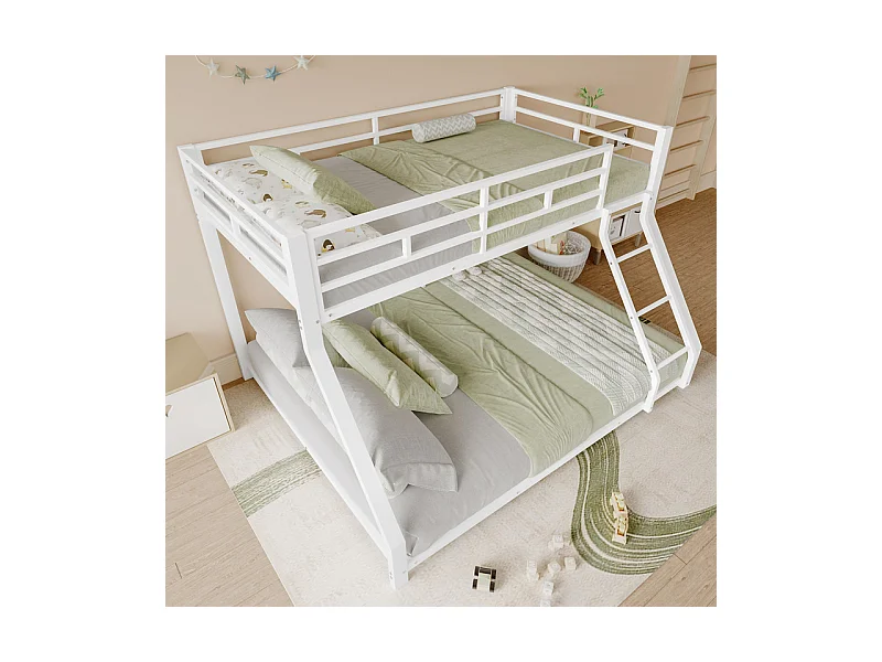 Lit superposé 90x200 + 140x200 cm - avec barrières - avec échelle de sécurité - métal - blanc (sans matelas)
