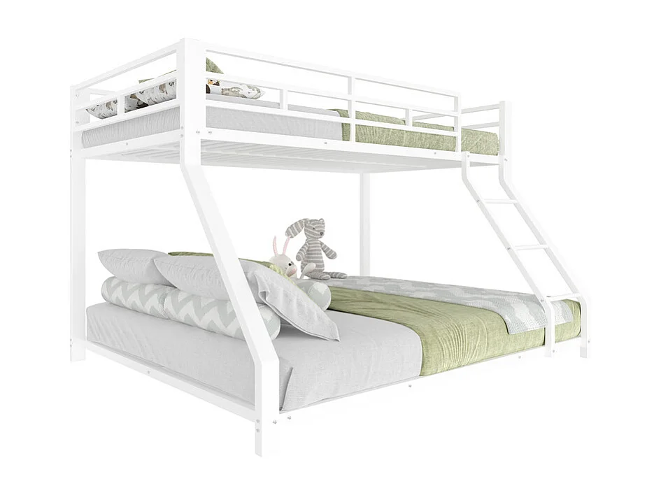 Lit superposé 90x200 + 140x200 cm - avec barrières - avec échelle de sécurité - métal - blanc (sans matelas)