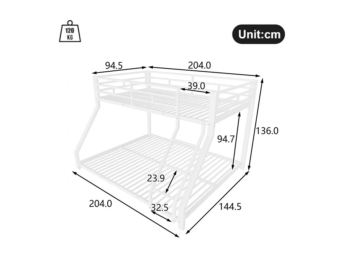 Lit superposé 90x200 + 140x200 cm - avec barrières - avec échelle de sécurité - métal - blanc (sans matelas)