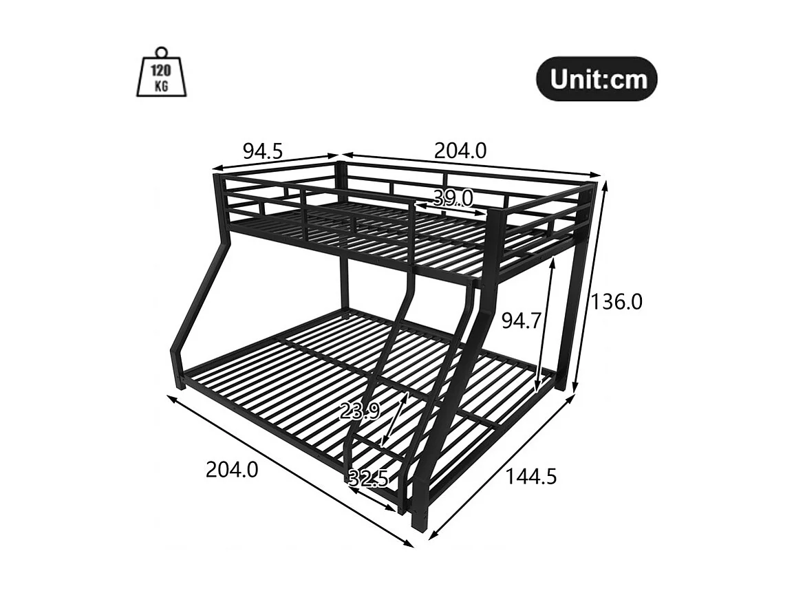 Lit superposé 90x200 + 140x200 cm - avec barrières - avec échelle de sécurité - métal - noir (sans matelas)